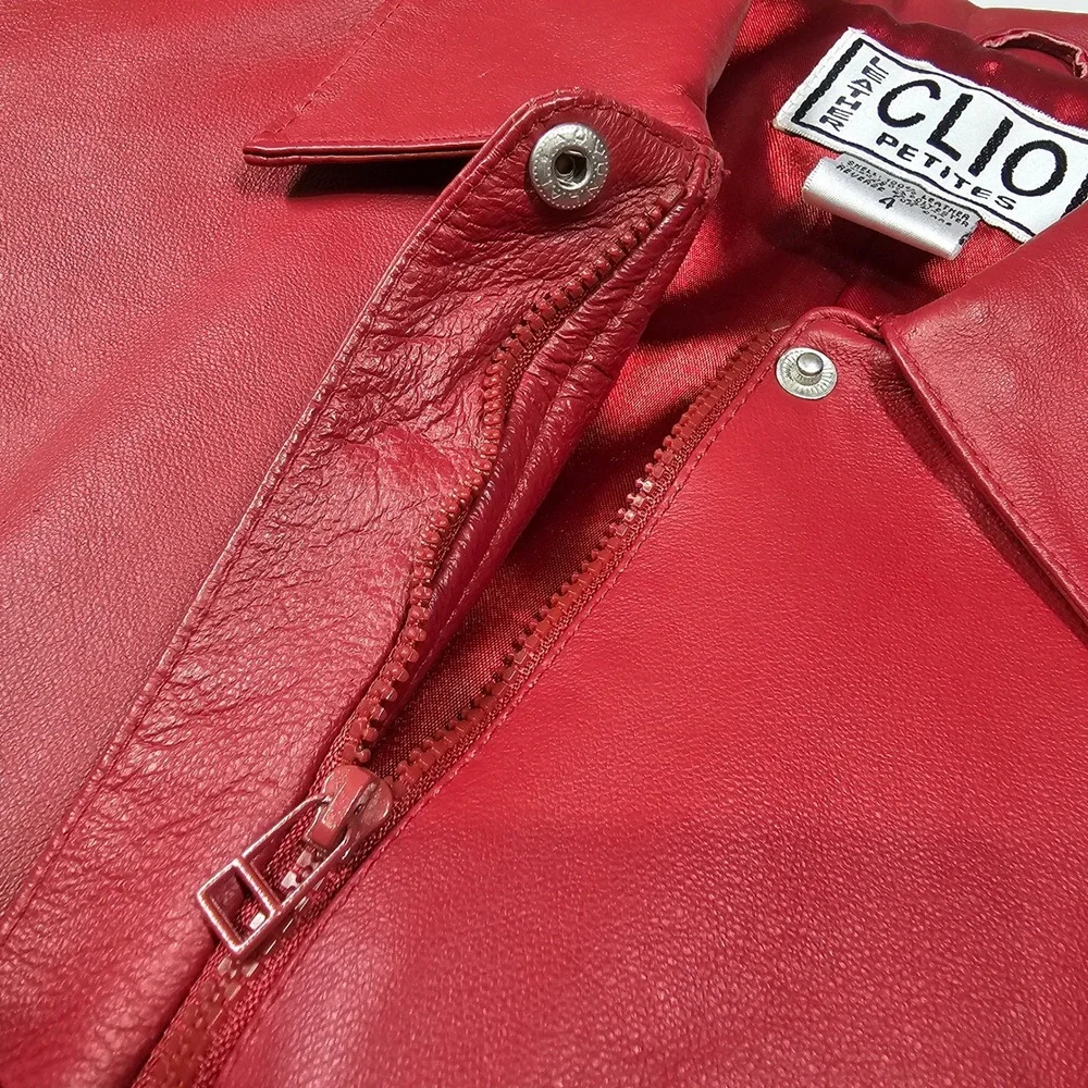 Clio Vintage 90s Petites Leather Full Zip Blazer‎ Jacket Burgundy Red Womens 4 P